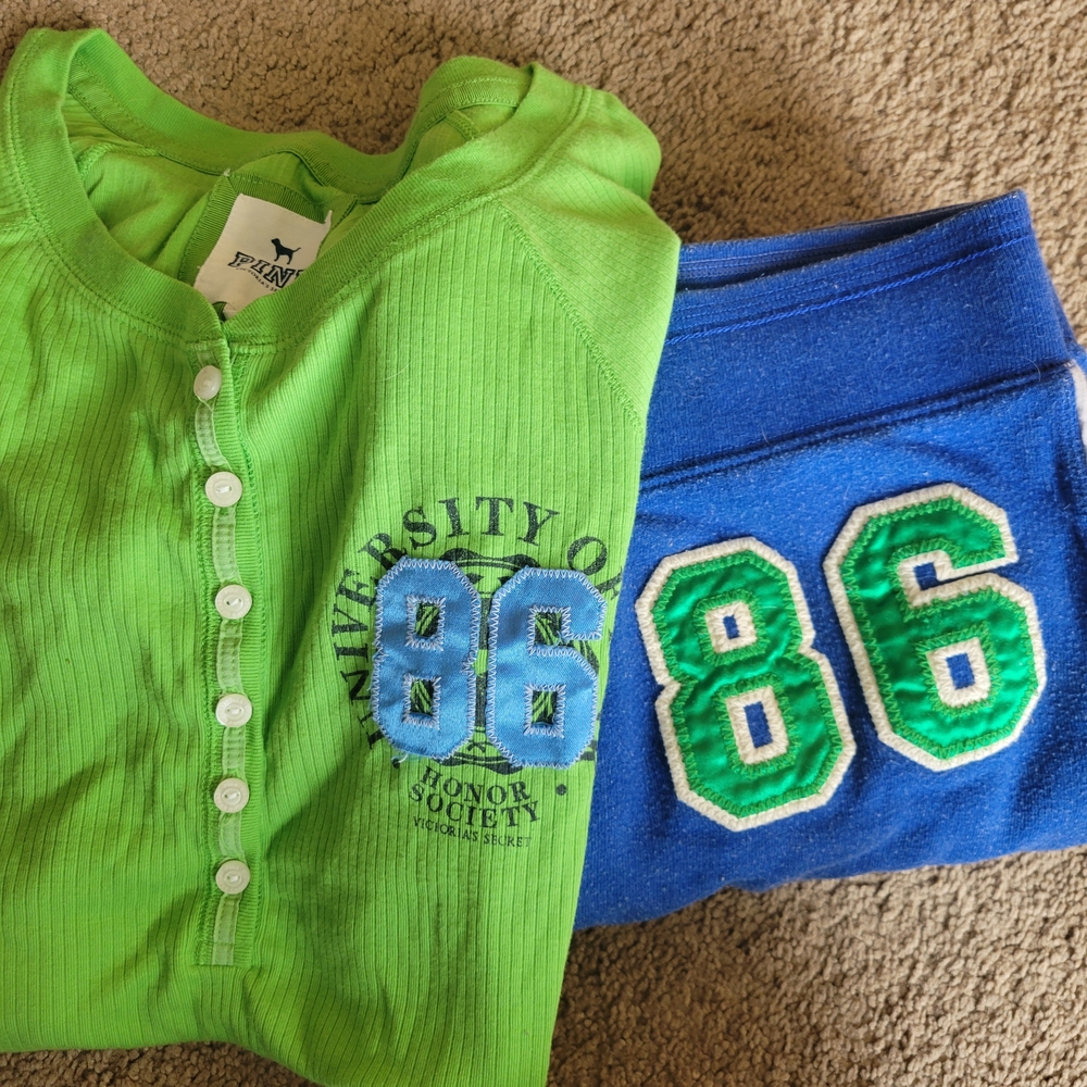 PINK Victoria's Secret Lime Green Henley with Blue Capri Sweatpants